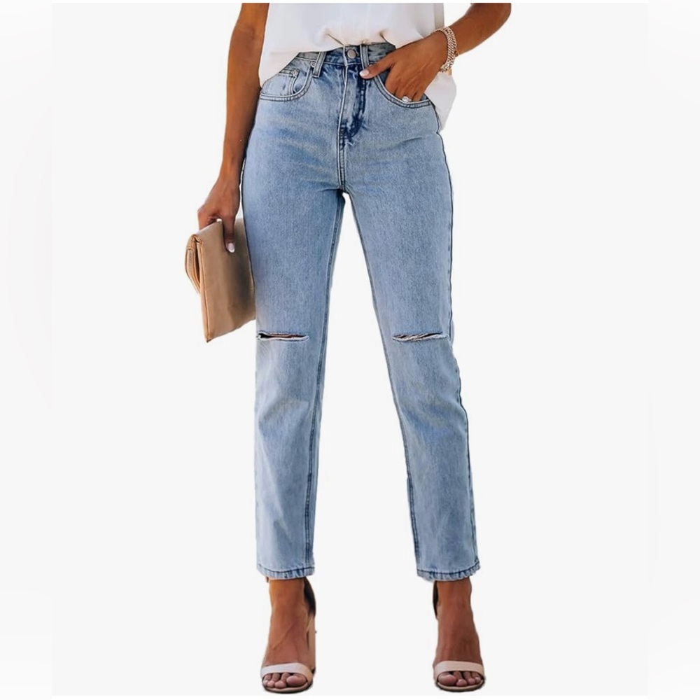 Blue Straight Leg Jeans with Distressed Knees